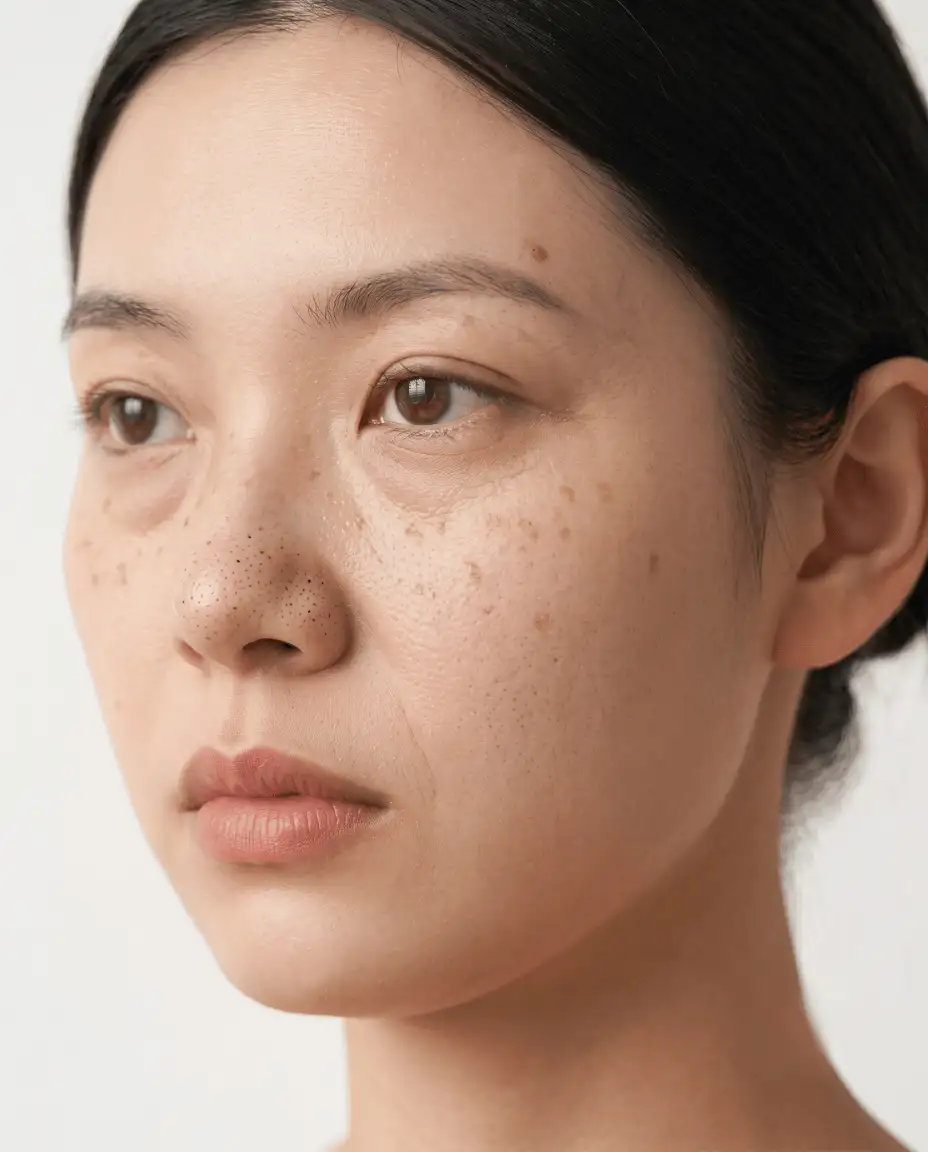 Close-up of a woman's face showing under-eye puffiness and fatigue