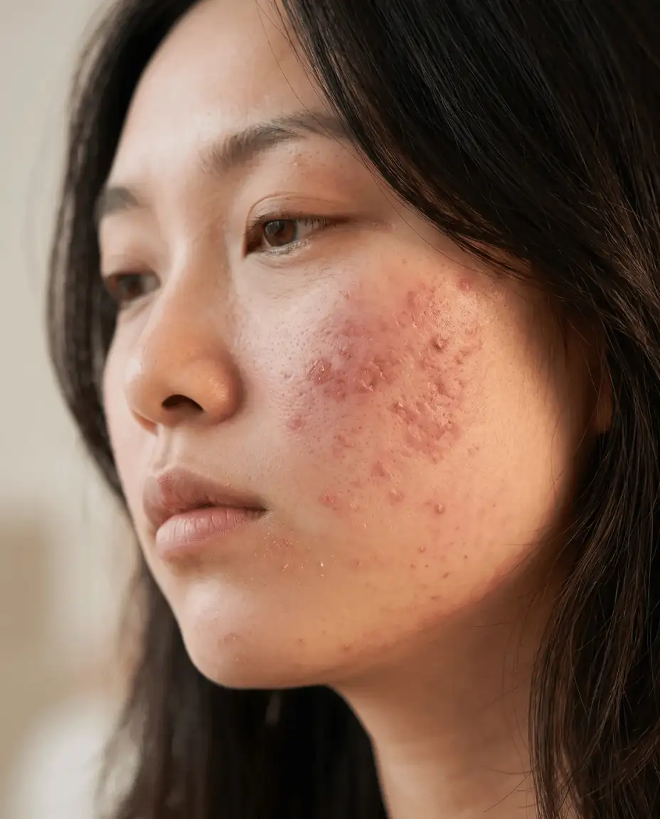 Close-up of visible acne and redness on a woman's cheek