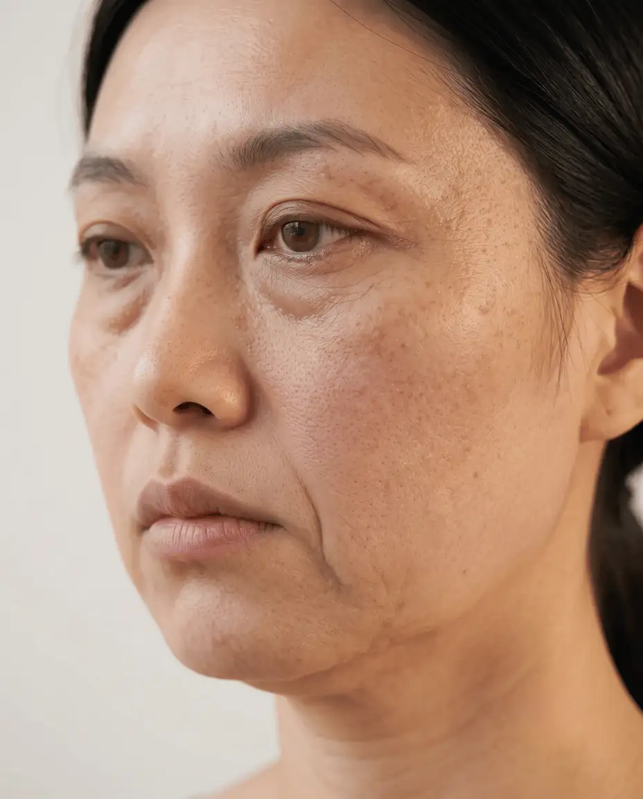 Close-up of a woman's face showing fine lines and looser jawline contour