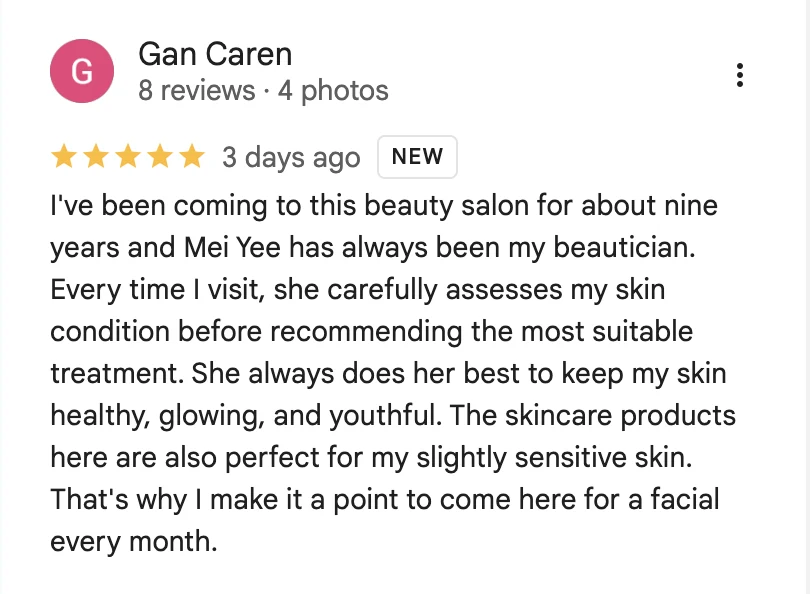 Google review from a customer of 9 years describing personalized skin assessment every visit