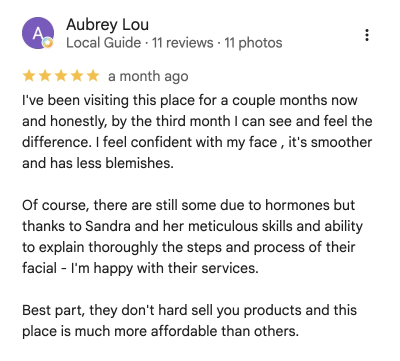 Google review describing visible skin improvement within 3 months and no pressure to buy products