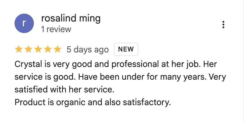 Google review from a long-time customer on professional service and satisfaction with organic products