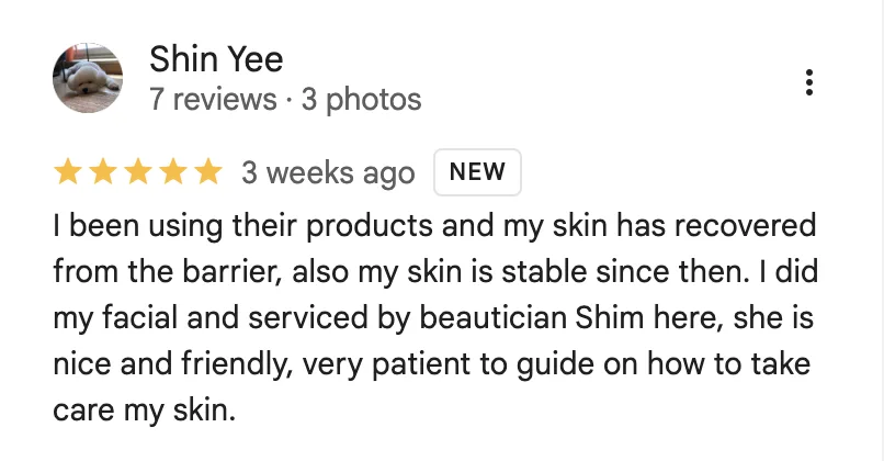 Google review describing skin barrier recovery and patient, personalized skincare guidance