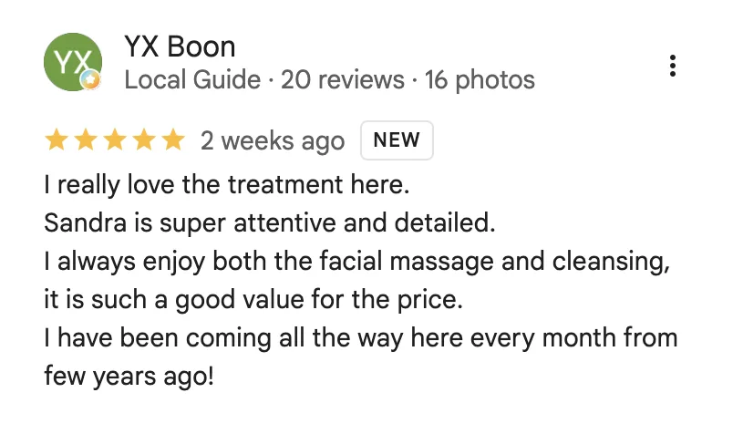 Google review describing a professional, detailed facial treatment and good value over years of visits